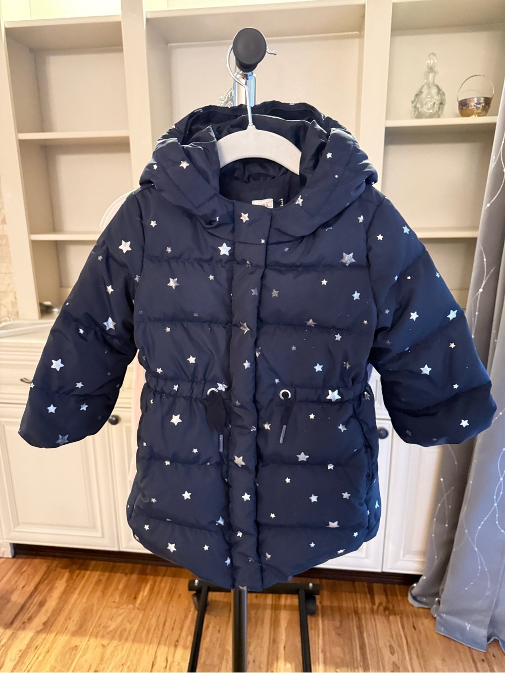 Baby GAP Long Puffer Jacket Coat Hooded Navy Print Silver Stars Sz 18-24 months